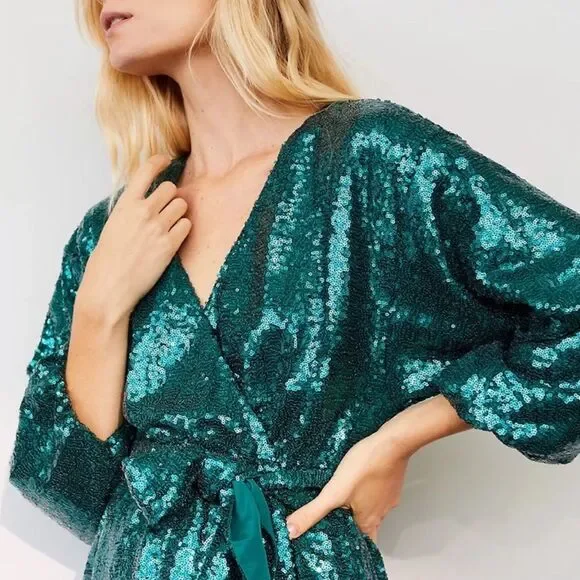 Anthropologie Green Metallic Lisabette Sequined Mini Dress NWT Size XS - Picture 4 of 9